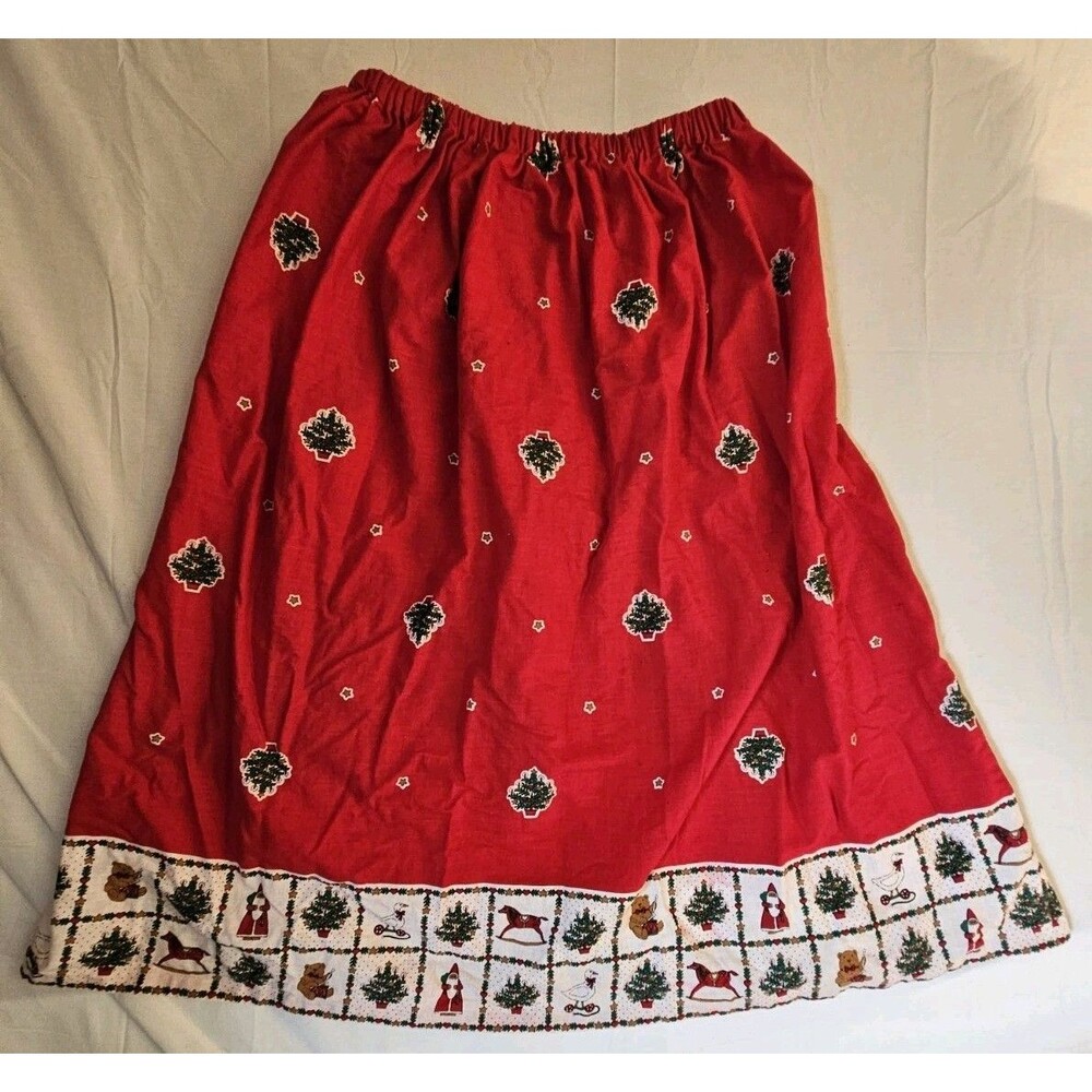 Christmas Skirt Women's Sz Large Red Homemade Midi Tree Bear Single Stitch USA L
